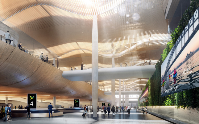 悉尼新机场机场航站楼的内部效果图，阳光透过木板条起伏的天花板照射进来