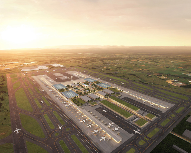 西悉尼绿地机场的航拍效果图，这是ZHA留给建筑师的项目之一
