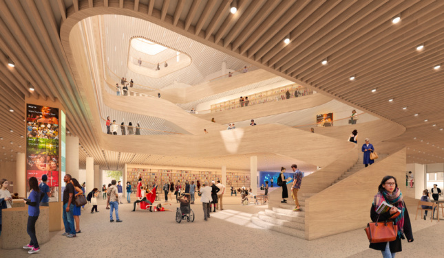 新夏洛特图书馆的内部效果图，以木条为特色