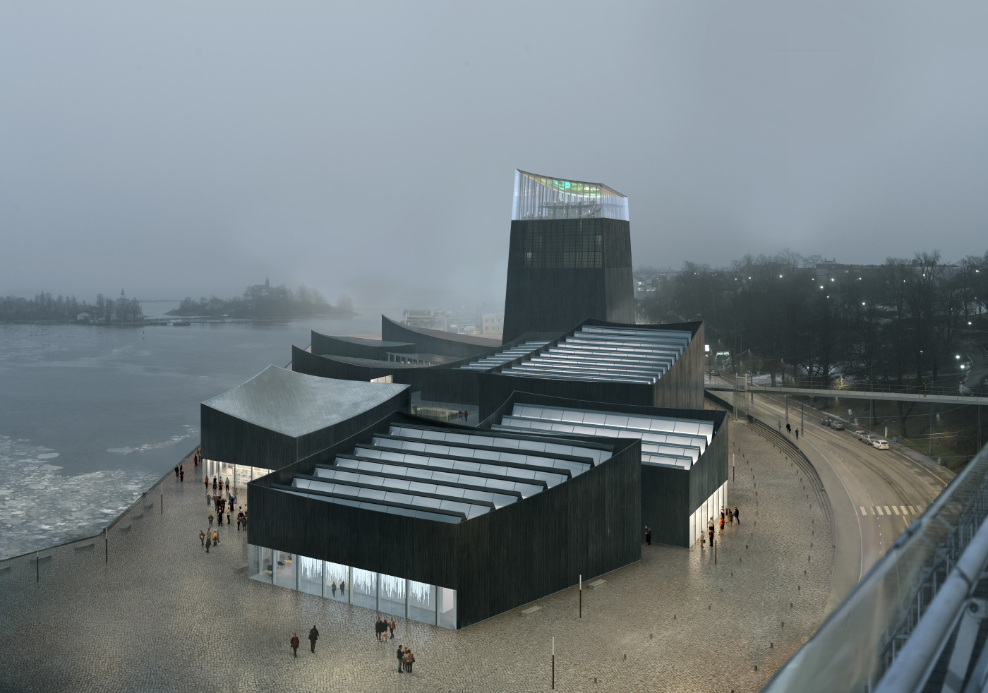 赫尔辛基古根海姆博物馆(Guggenheim Helsinki)的效效图，这是一座黑色、低矮的博物馆，赢得了建筑设计竞赛