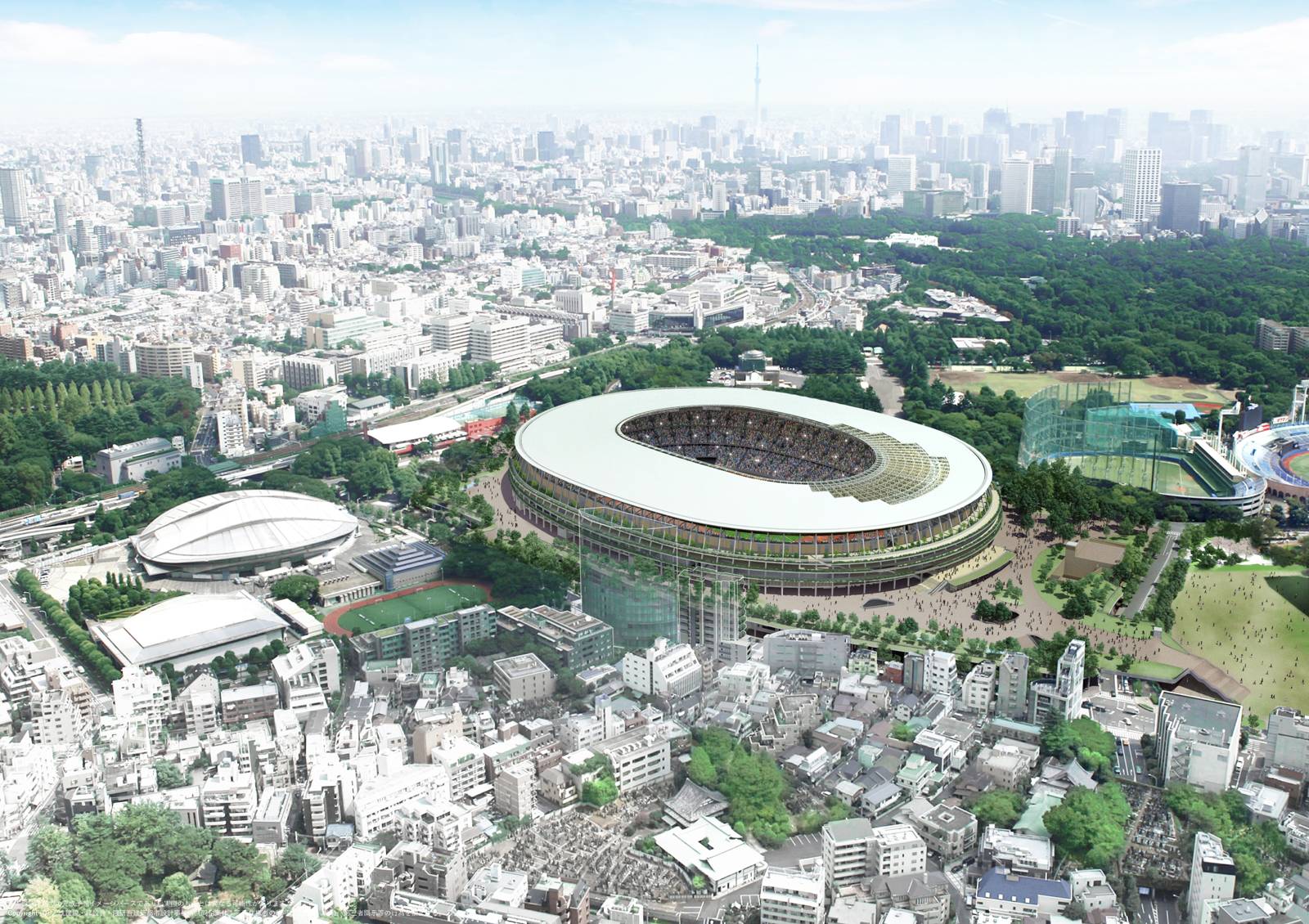 东京国家体育场的空中效果图，周围环绕着低矮的建筑