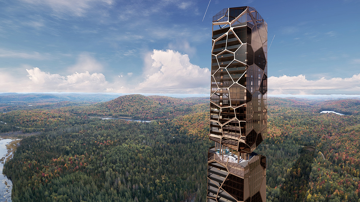 木建筑在森林中间的土色豪华塔楼的空中渲染