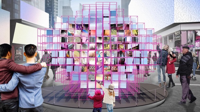 两个孩子站在粉红色的镜框前，镜框上有各种各样的方形镜子，反射出时代广场的图像