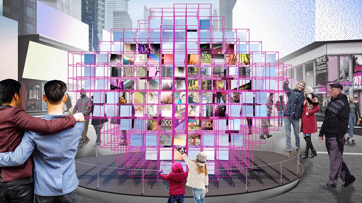 两个孩子站在一个粉红色的框架前，上面有各种方形镜子，反射出时代广场的图像