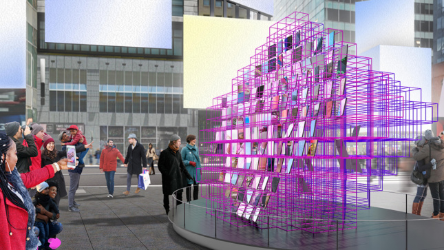 时代广场上一个带镜子的粉色钢框架立方体雕塑的侧视图