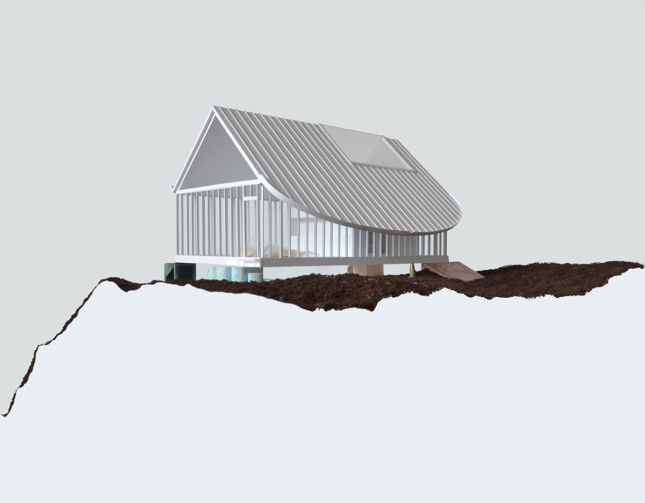 数字渲染角视图的框架的山墙屋顶的房子