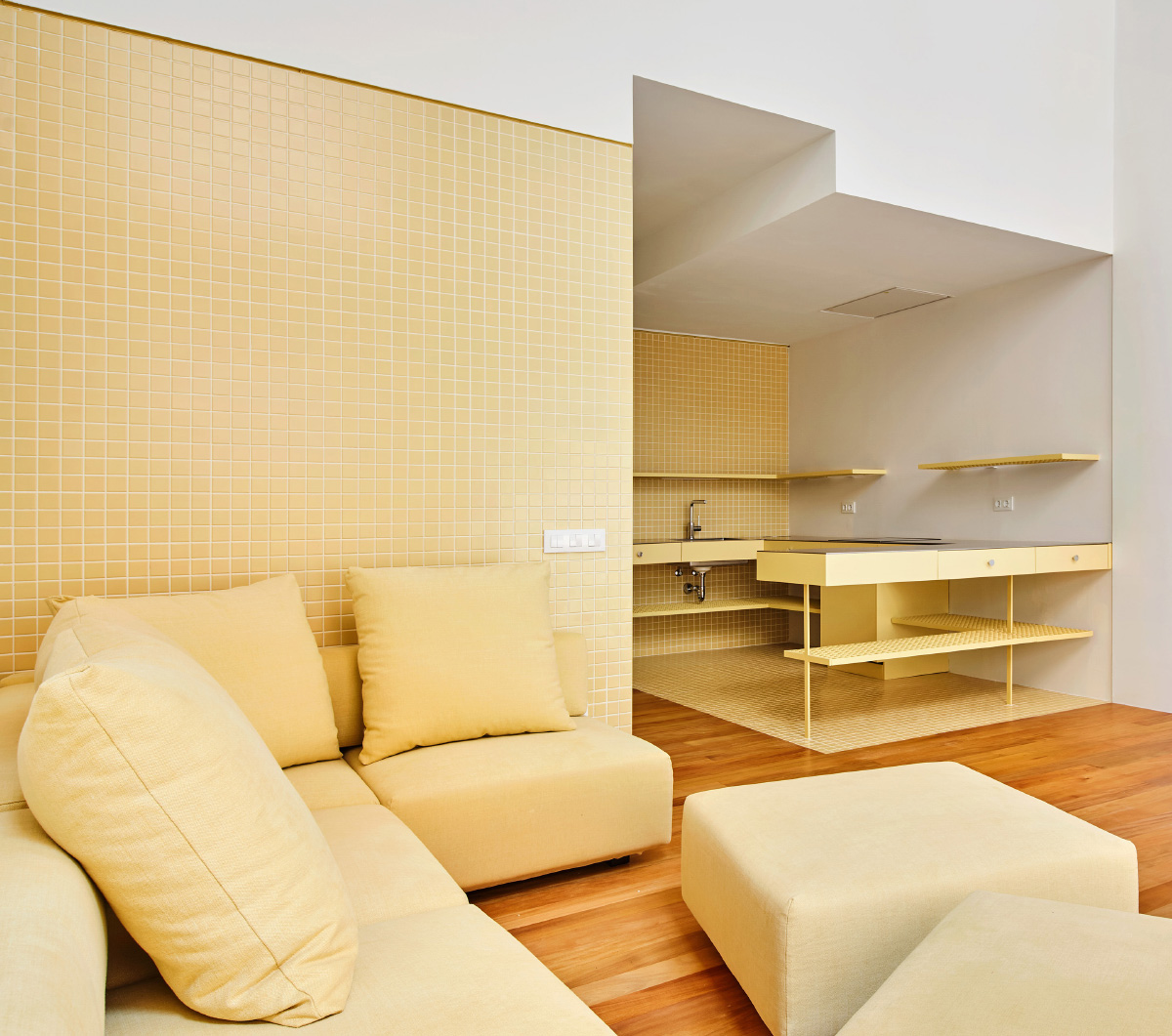 一幢公寓大楼的内部，墙上贴着金色的瓷砖