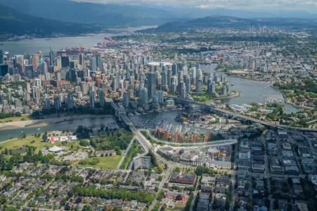温哥华的鸟瞰图，显示了一块即将被开发的土地
