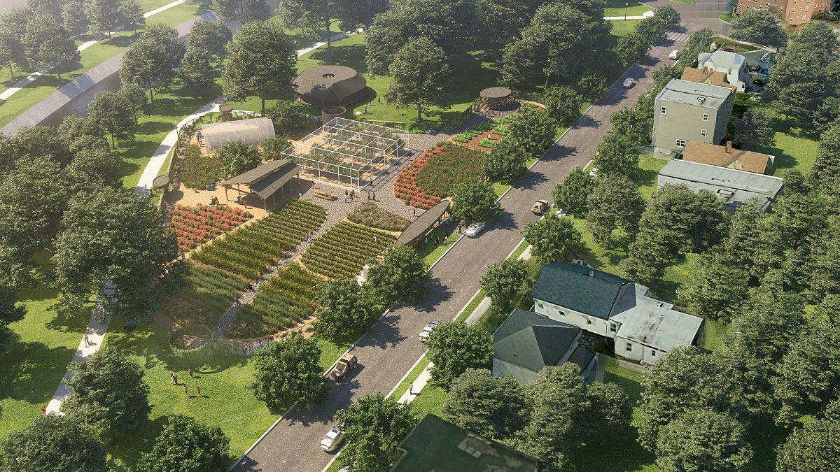 由SHoP建筑事务所设计的社区城市农场的空中渲染