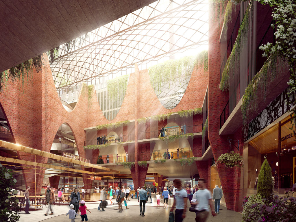阿德莱德中央市场一个由砖和玻璃建造的充满光线的拱廊的效果图