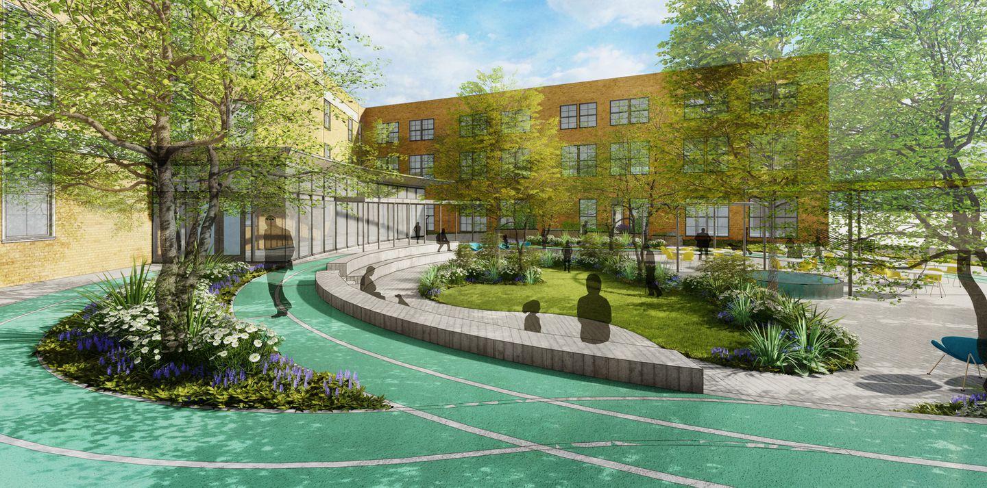 公共房屋项目的效果图，其中有一个带绿色空间的大内庭院