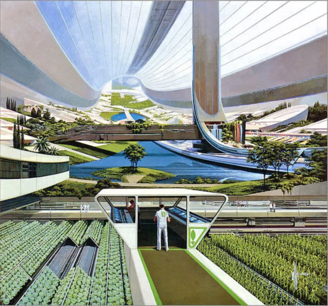这幅画描绘的是在俯冲的白色空间站内排列的植物和水。