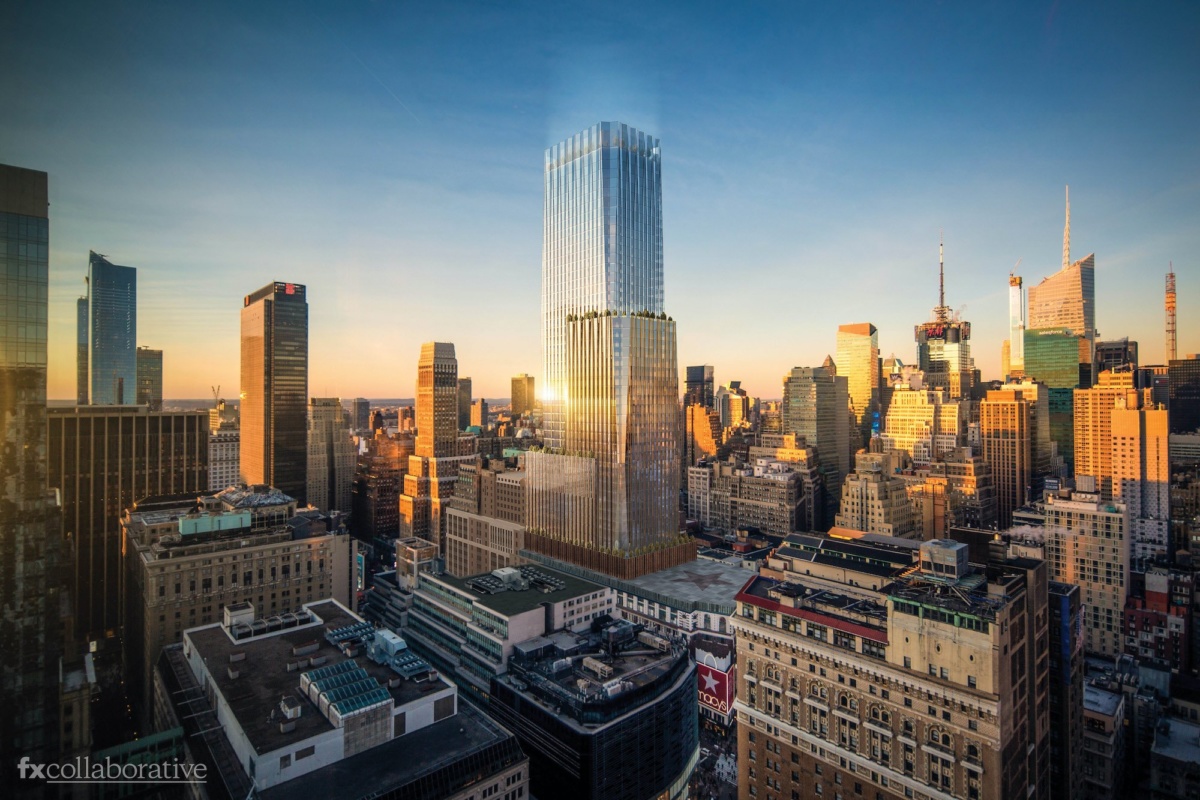 渲染的纽约天际线在日落与玻璃，方正的塔在梅西百货公司