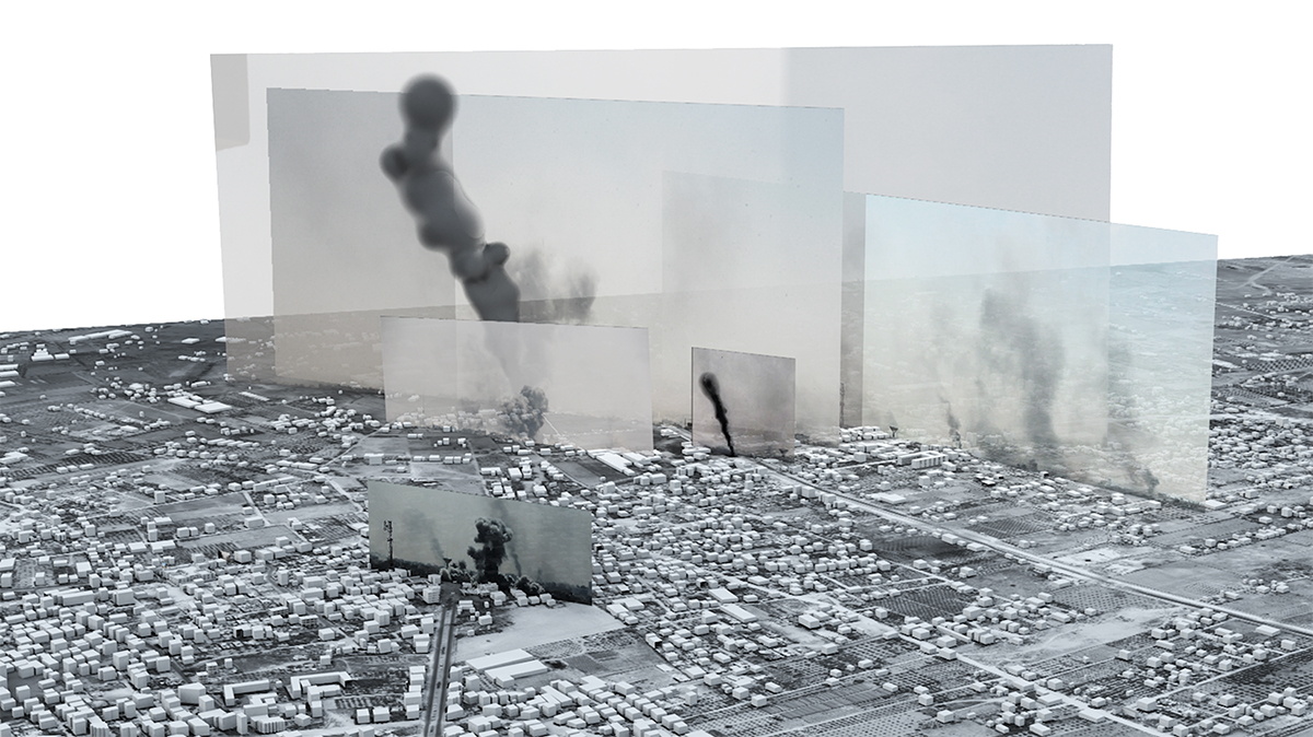 加沙城市景观的渲染，照片显示炸弹漂浮的烟雾。