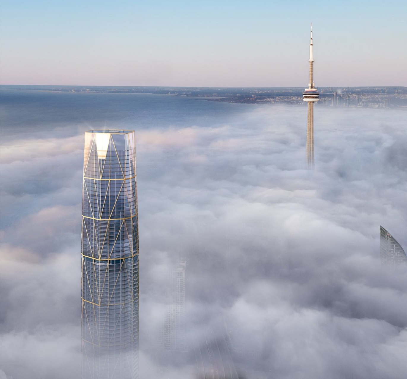 多伦多摩天大楼在云层之上的渲染，对面是加拿大国家电视塔