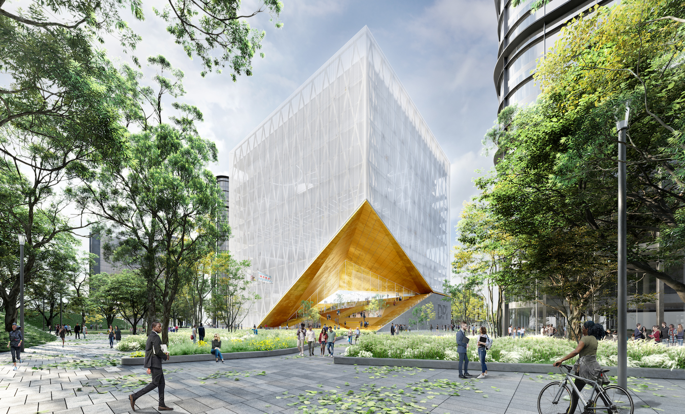 芝加哥78号的Discover Partners Institute，一个玻璃立方体，入口朝上