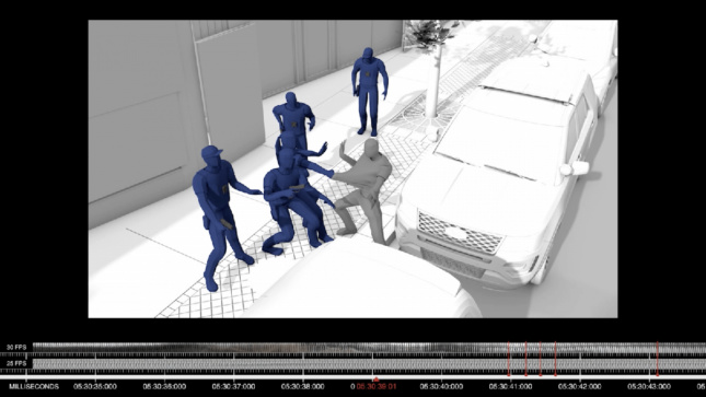 五名警察攻击一个灰色人影的渲染图。下面是定时数据。