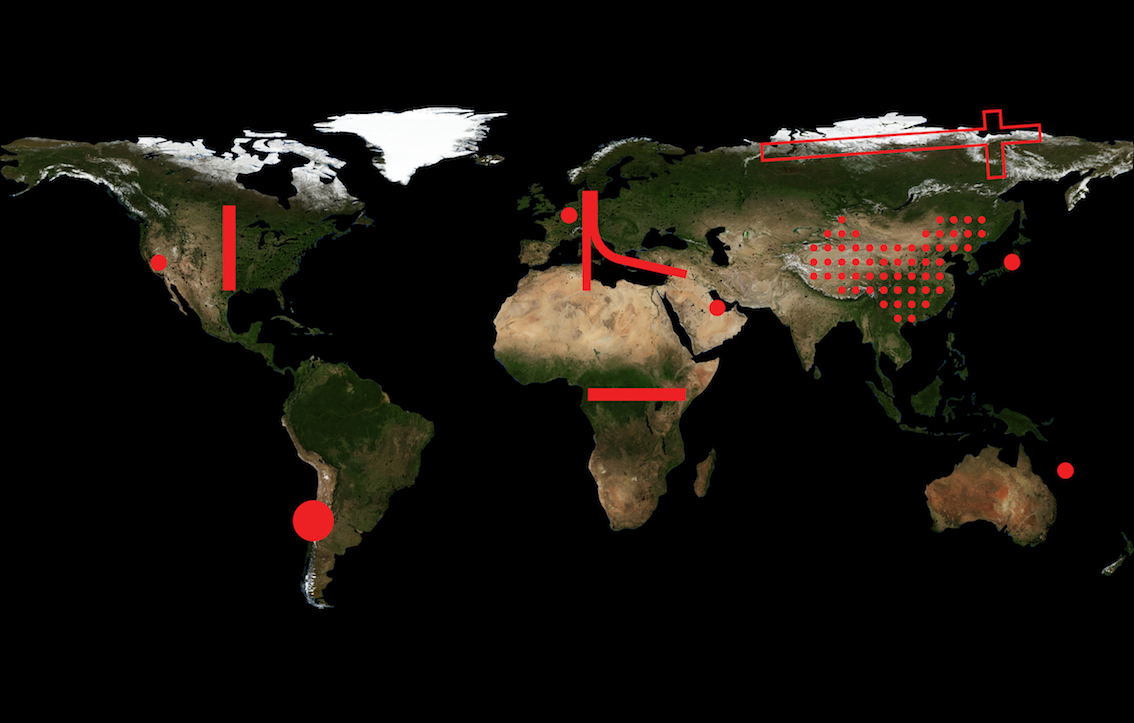 雷姆·库哈斯(Rem Koolhass)的乡村展览用红线绘制的世界地图