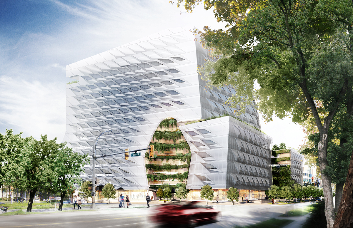 为lululemon设计的13层总部大楼的玻璃遮阳板立面和公共广场效果图