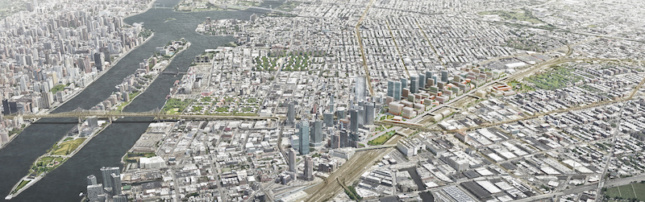 纽约市皇后区拟建项目的鸟瞰图，展示了阳光园，一条长长的绿道
