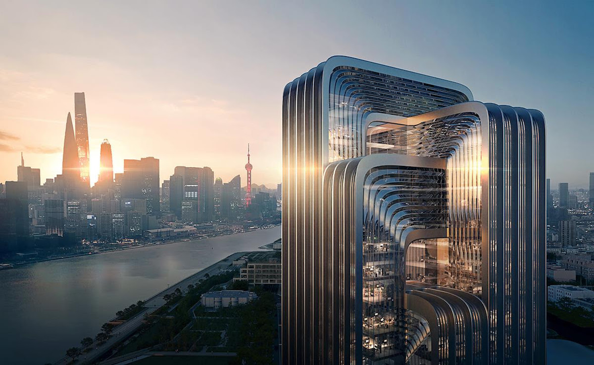 为CECEP设计的上海可持续发展摩天大楼效效图，呈现90度的环环相扣