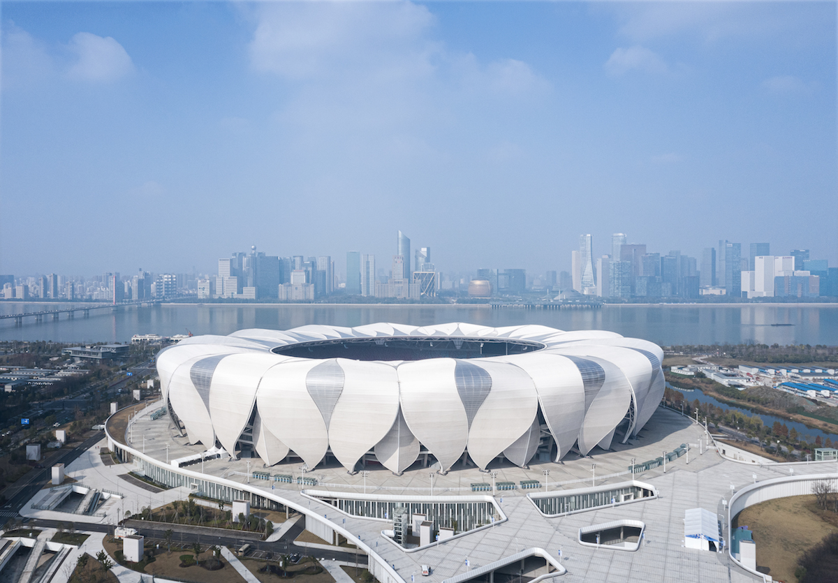 a bird's eye view of a sports stadium in Hangzhou, CHina