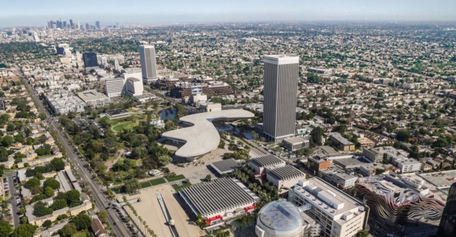 空中渲染的蜿蜒的博物馆穿过洛杉矶，穿过街道