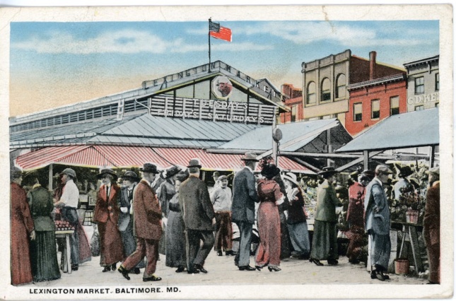 a vintage postcard of lexington market, baltimore