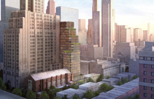 布鲁克林音乐学校新大楼的效效图，这是一栋24层的垂直条纹建筑