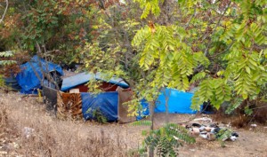 一个无家可归的人的营地，在蓝色的篷布下