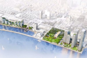 在Penn 's Landing重新开发的费城河滨的空中插图视图