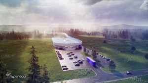 图为一个位于森林地区的高科技交通中心，为一个新的超级高铁中心效果图