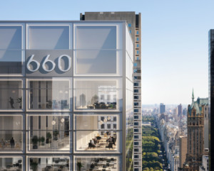 曼哈顿第五大道660号一栋带有大玻璃窗的高层办公大楼的效果图
