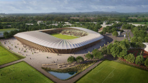 Rendering of eco park stadium, timber with a translucent canopy