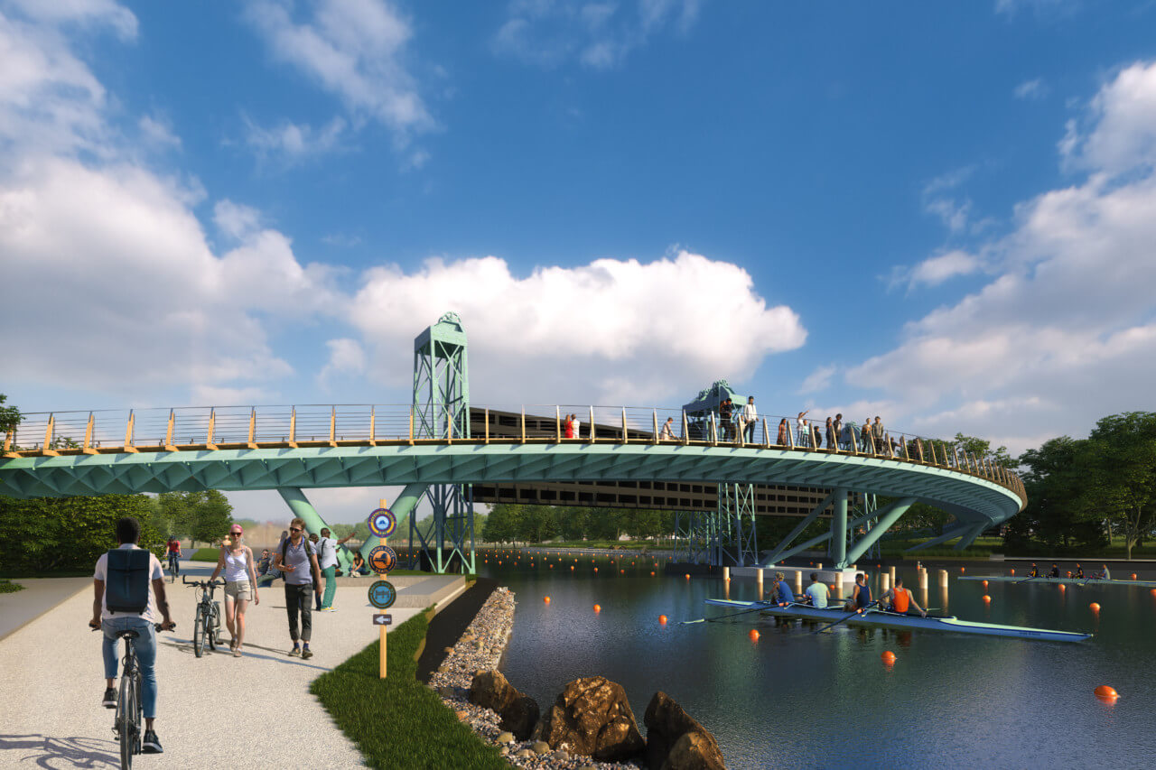 伊利运河上一座风化的铜脚桥的渲染图