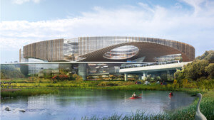 成都未来的城市运输中心的渲染俯瞰河