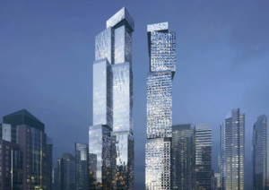 由弗兰克·盖里（Frank Gehry）在多伦多设计的双胞胎摩天大楼的渲染