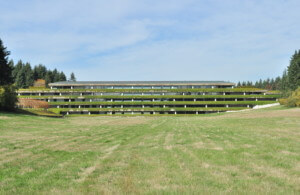 惠好大学校园里的草地和被绿色植物覆盖的建筑