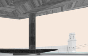 威尼斯建筑双年展上，粉红色天空映衬下的人字形木结构亭子的室内效果图