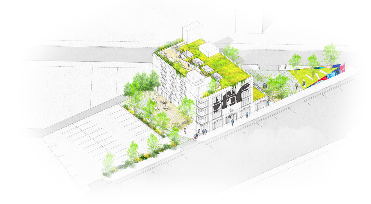爱心大楼的轴测图，一个种植了树木的新社区中心