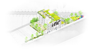 爱大厦的轴测效果图，一个种植树木的新社区中心