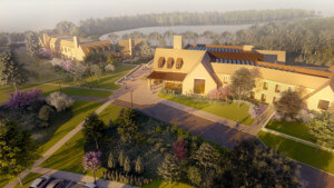 aerial rendering of a visitor center building on the grounds of the ford house