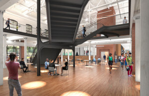 由studio gang设计的新学院建筑的内部效果图，中间有金属楼梯