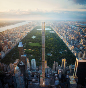 西第五街111号的效果图，一座铅笔薄的塔楼若隐若现地耸立在中央公园上空