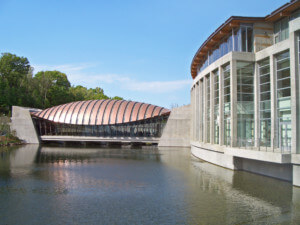 Crystal bridges art museum, looking at a sloping roof