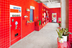 red-tiled interior of a retro-styled cannabis dispensary
