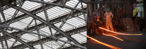 拼贴的两张照片描绘钢梁和钢的来源