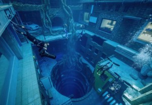 一名潜水员潜入一座水下城市的假废墟中