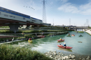 皮划艇运动员在复兴的滨河通道上划桨的渲染图