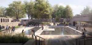 赫什霍恩博物馆地面上带有反射池的雕塑花园效果图